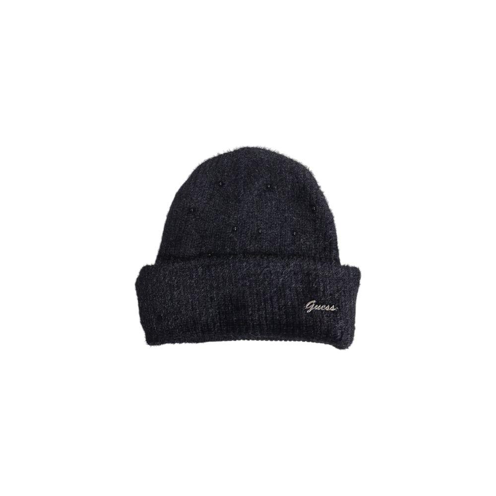 Alt Tag: Guess black cotton hat for women, fall winter collection, made of 61% cotton and 39% acrylic, stylish and warm headwear.