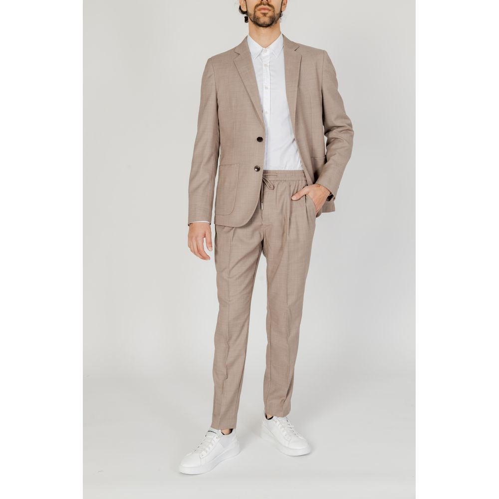 Antony Morato men's beige polyester pants for spring/summer, featuring a modern fit with 83% polyester, 15% viscose, 2% elastane.