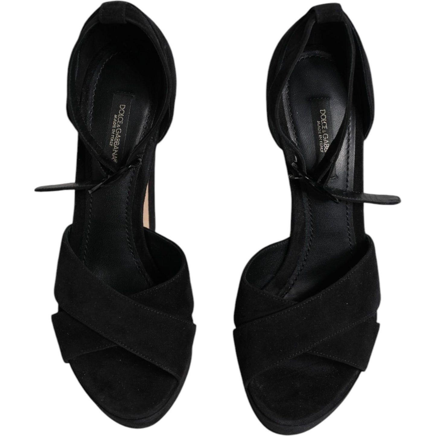 Dolce & Gabbana black leather platform heel sandals, top view, featuring ankle strap and buckle closure, high-quality Italian craftsmanship.