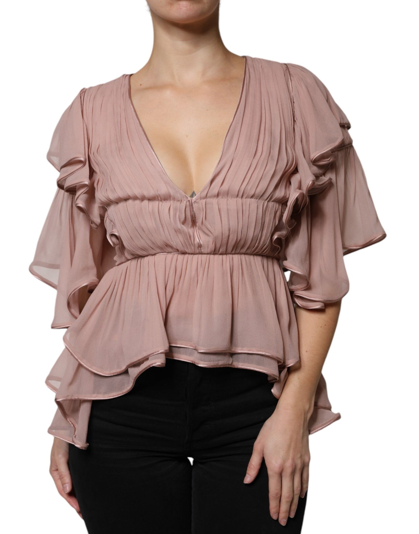 Alberta Ferretti Brown Silk Short Sleeves V-neck Pleated Top TSH86782-40