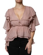 Alberta Ferretti Brown Silk Short Sleeves V-neck Pleated Top TSH86782-40