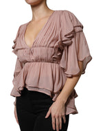 Alberta Ferretti Brown Silk Short Sleeves V-neck Pleated Top TSH86782-40