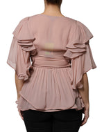Alberta Ferretti Brown Silk Short Sleeves V-neck Pleated Top TSH86782-40