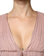 Alberta Ferretti Brown Silk Short Sleeves V-neck Pleated Top TSH86782-40