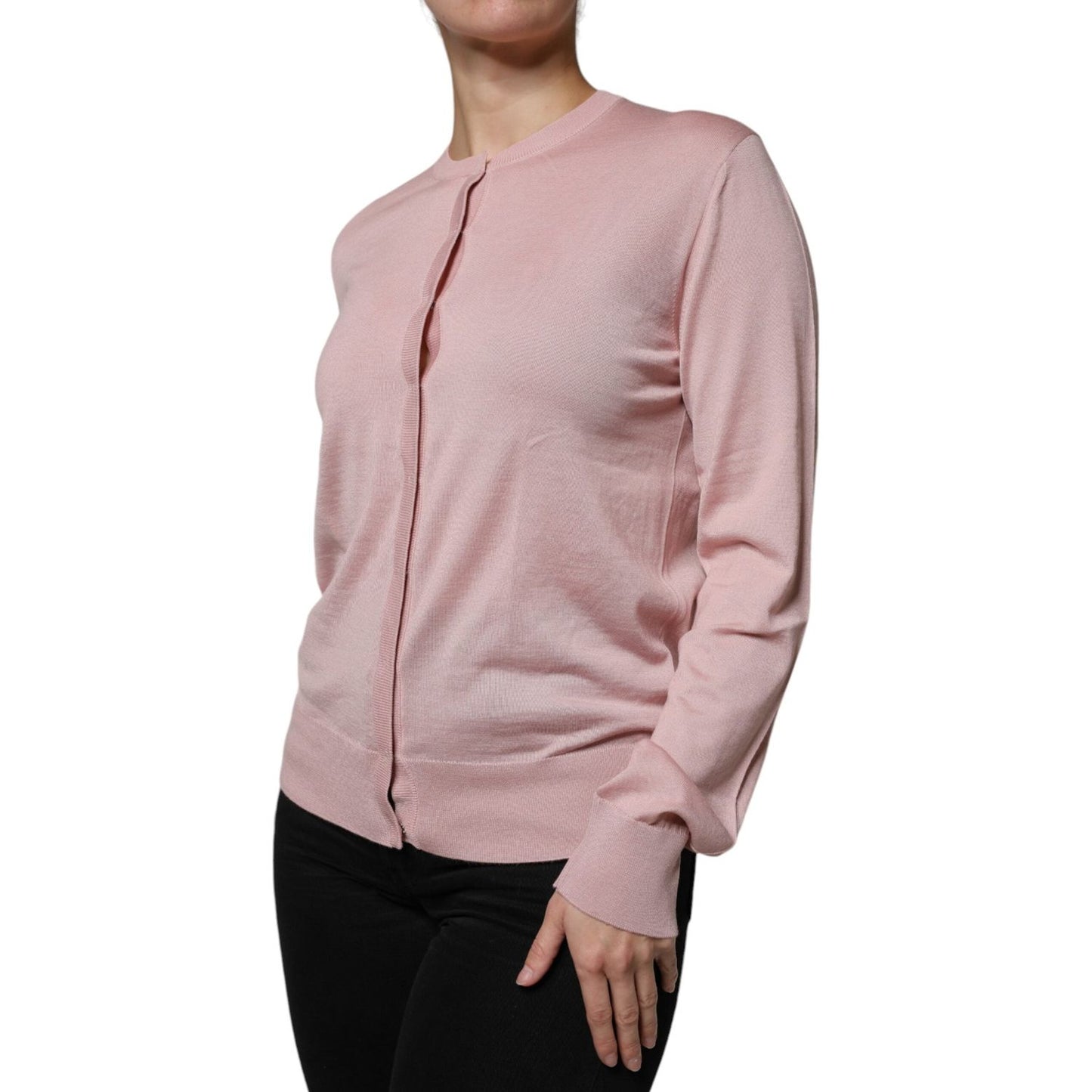 Dolce & Gabbana pink wool knit button-down cardigan sweater with crew neck and long sleeves, modeled, made in Italy.