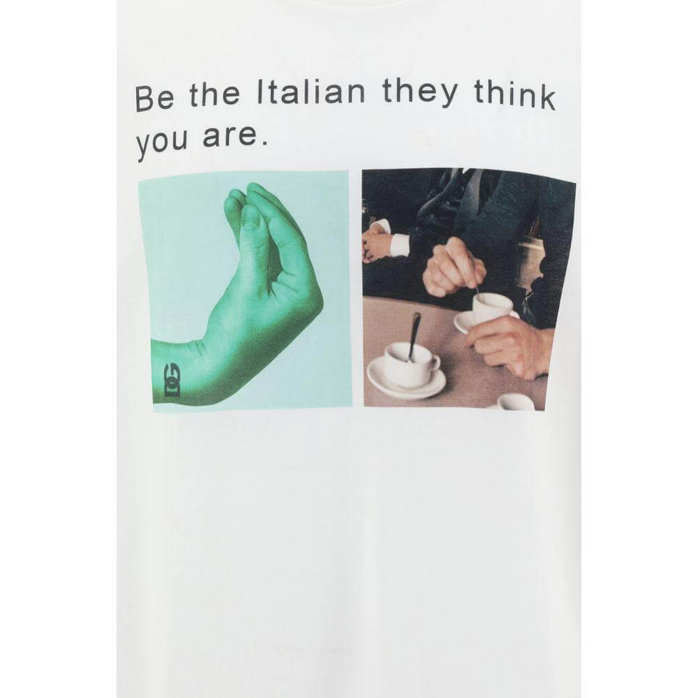 Dolce & Gabbana T-shirt with maxi print, featuring monochrome pattern and Italian-themed hand gestures with coffee cups.