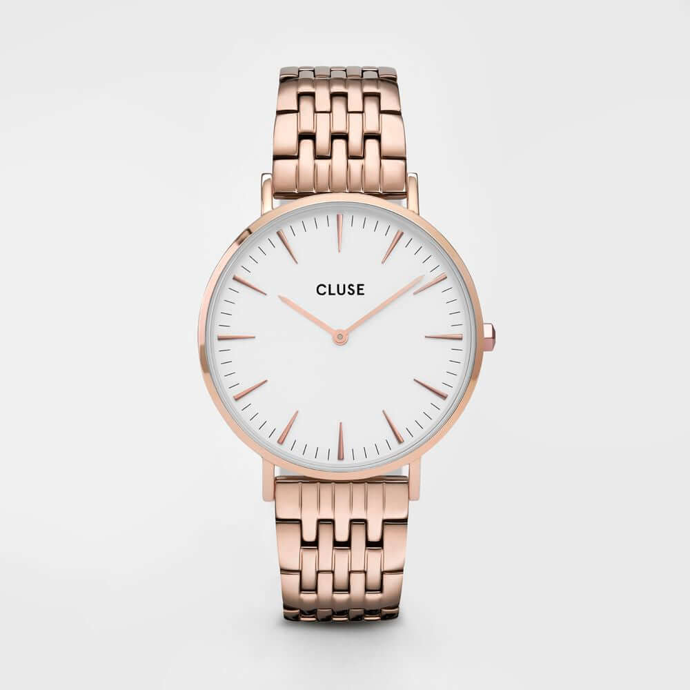 Cluse Quartz Analog Watch with Pink Stainless Steel Bracelet, White Dial, and Mineral Glass, 38mm, 3 ATM Water Resistance