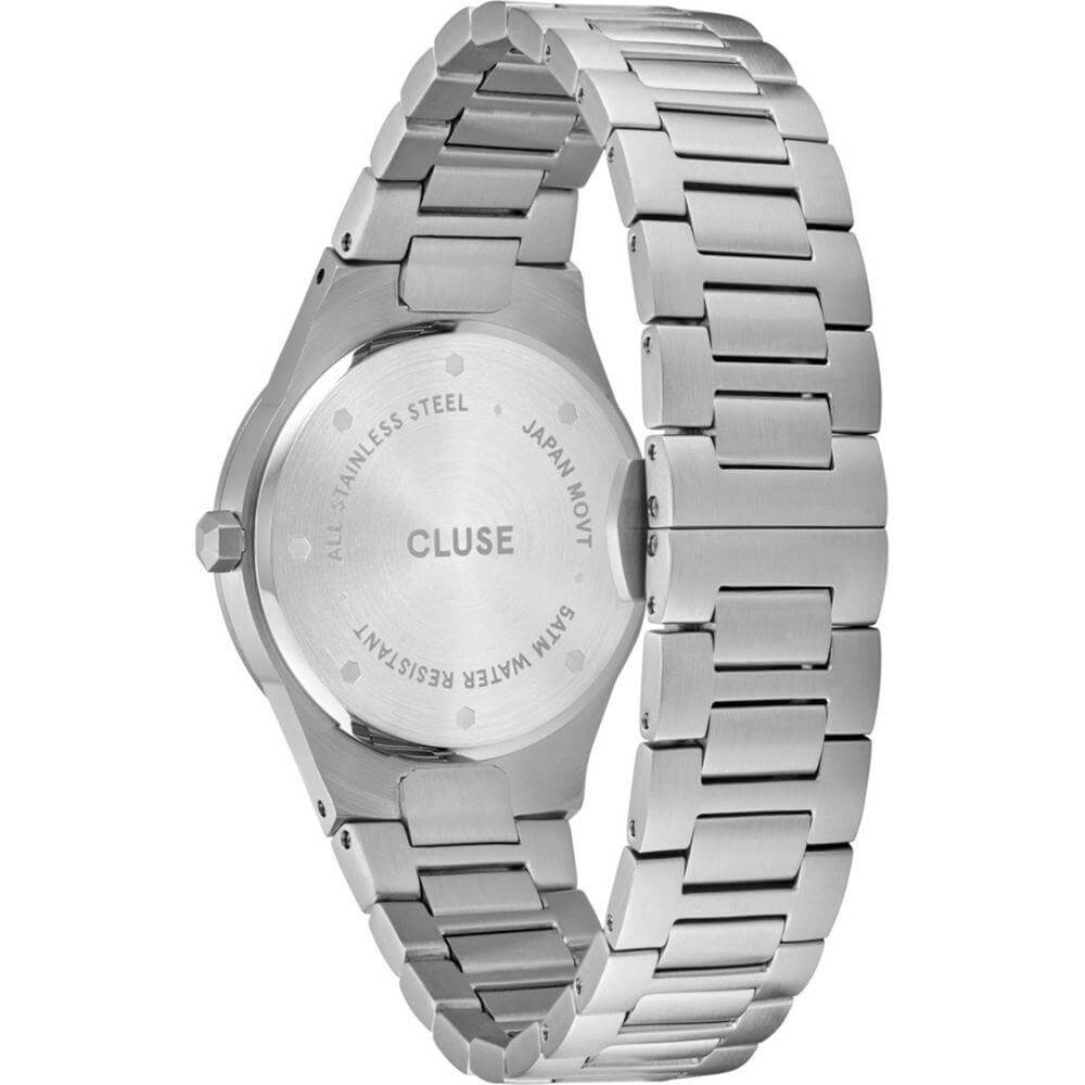 Cluse silver stainless steel watch with quartz mechanism, analog display, mineral glass, and 3 ATM water resistance.