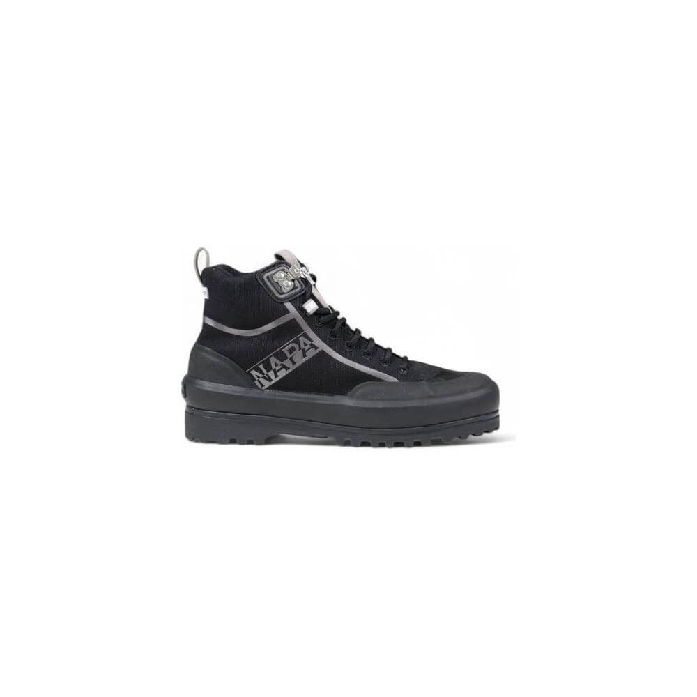 Black high-top sneaker with rugged sole and lace-up design. Ideal for autumn and winter fashion.