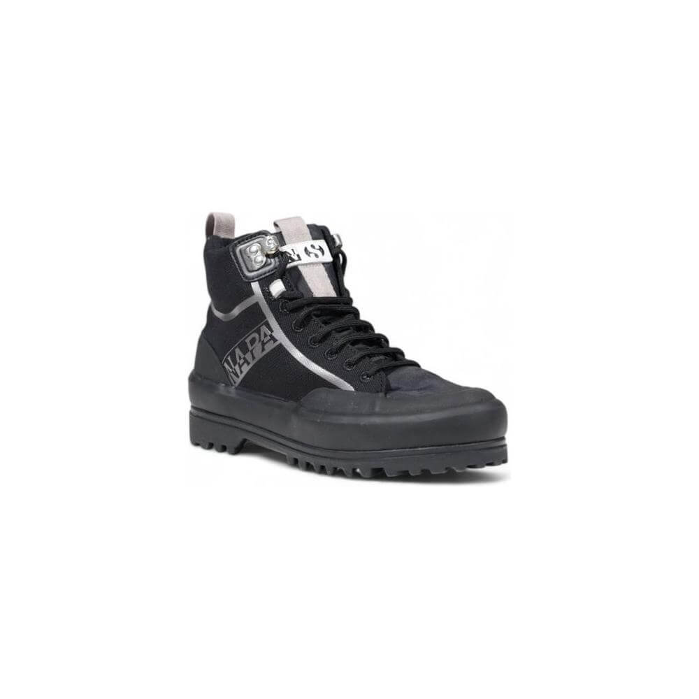 Black fabric high-top sneaker with buckle and lace details, rugged sole, and branded design for women. Perfect for autumn/winter fashion.