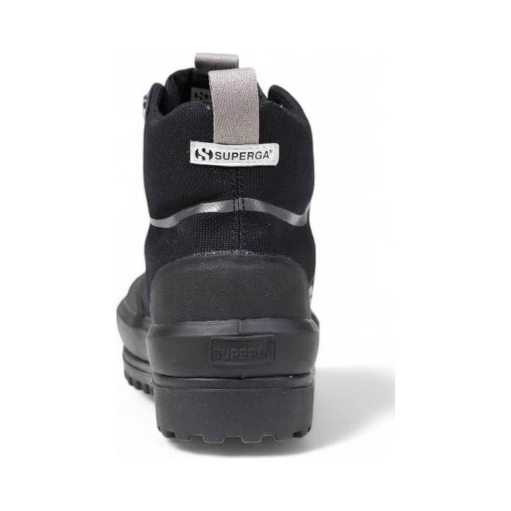 Alt Tag: Rear view of Superga black fabric sneaker, women's autumn-winter collection, featuring durable textile composition.