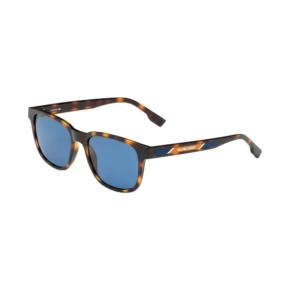 Lacoste brown injected sunglasses L980SRG-242 with blue lenses, tortoiseshell frame, and elegant design, size 54/18/145mm.