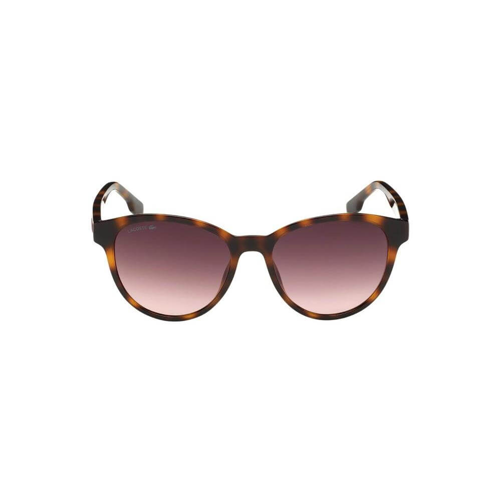 Lacoste brown injected cat-eye sunglasses for women with gradient lenses, model L981SRG-240, 54/17/145mm, category 3 UV protection.