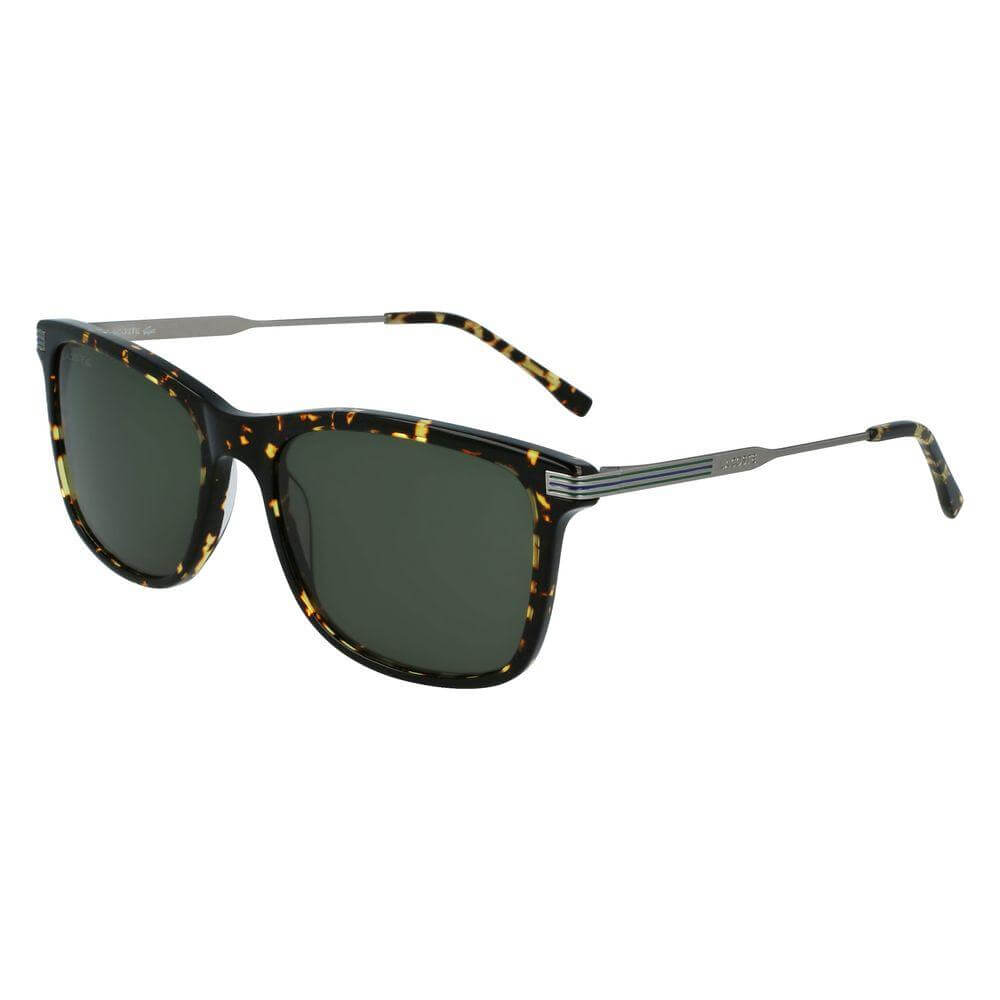 Tortoiseshell frame sunglasses with green lenses and metal temples, featuring a stylish and classic design.