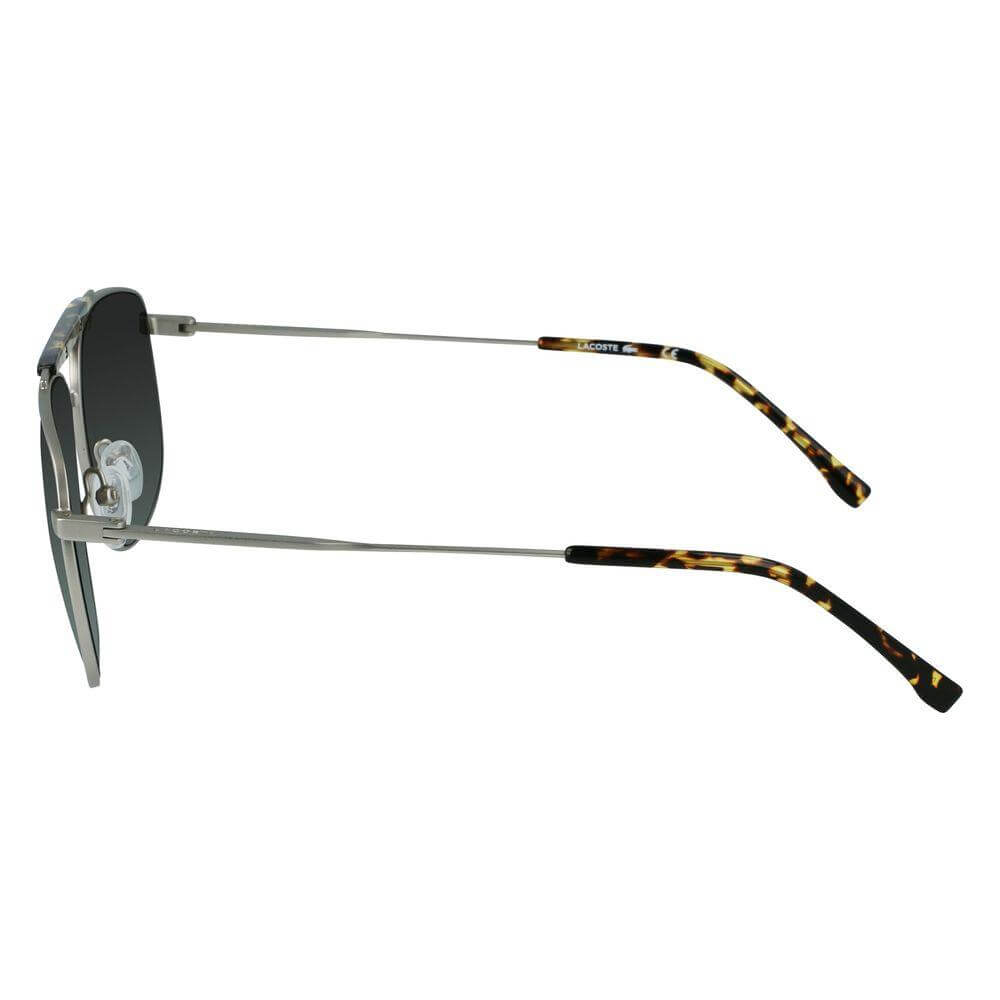 Side view of Lacoste gray metal sunglasses with tortoiseshell temple tips, featuring UV filter 2. Model L246S-050, size 59/15/145 mm.