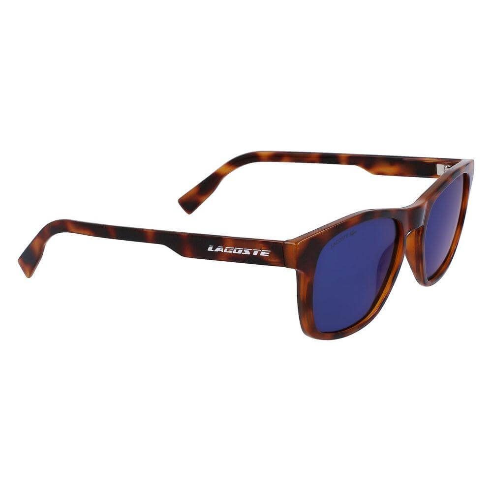 Lacoste brown bio injected sunglasses with blue lenses, model L988S-240, featuring 54/18/145 mm measurements for men.