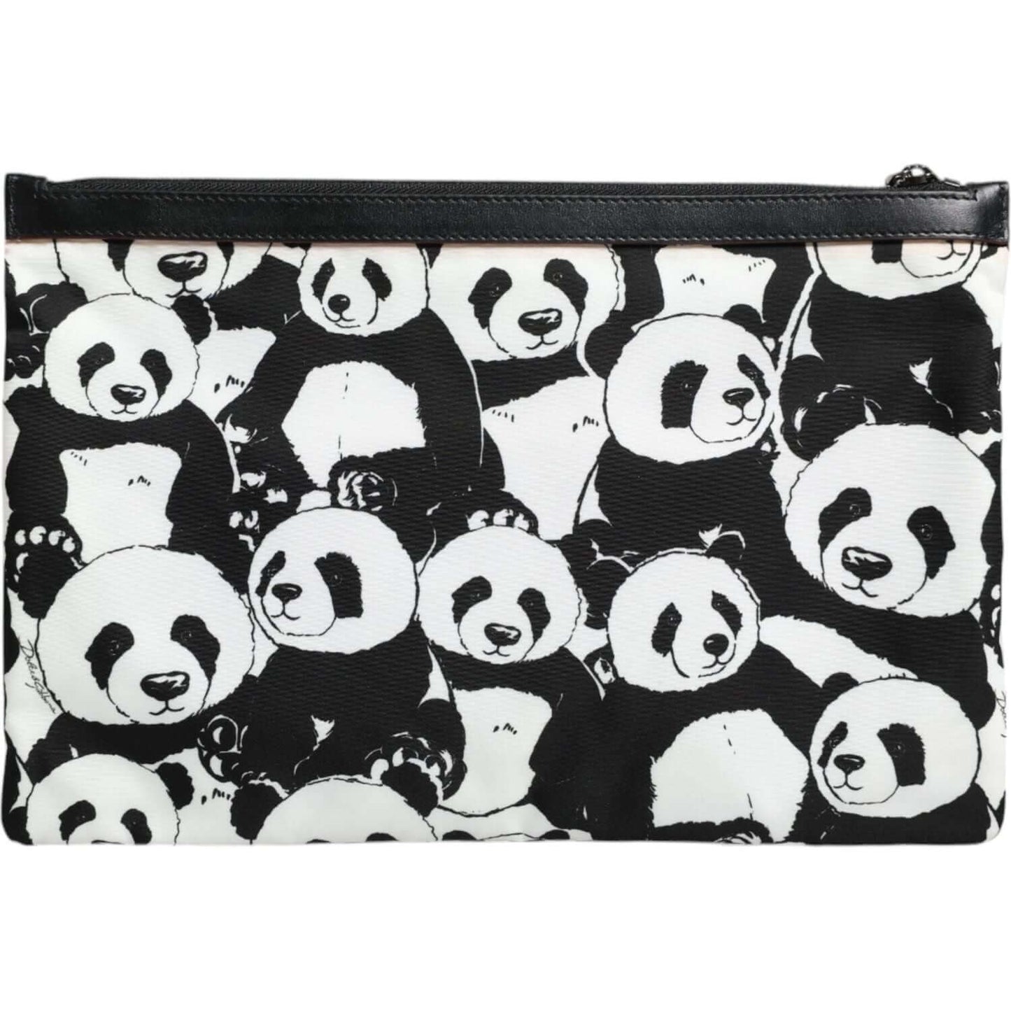 Dolce & Gabbana black and white panda pattern clutch pouch bag with top zip closure and gunmetal-tone hardware.