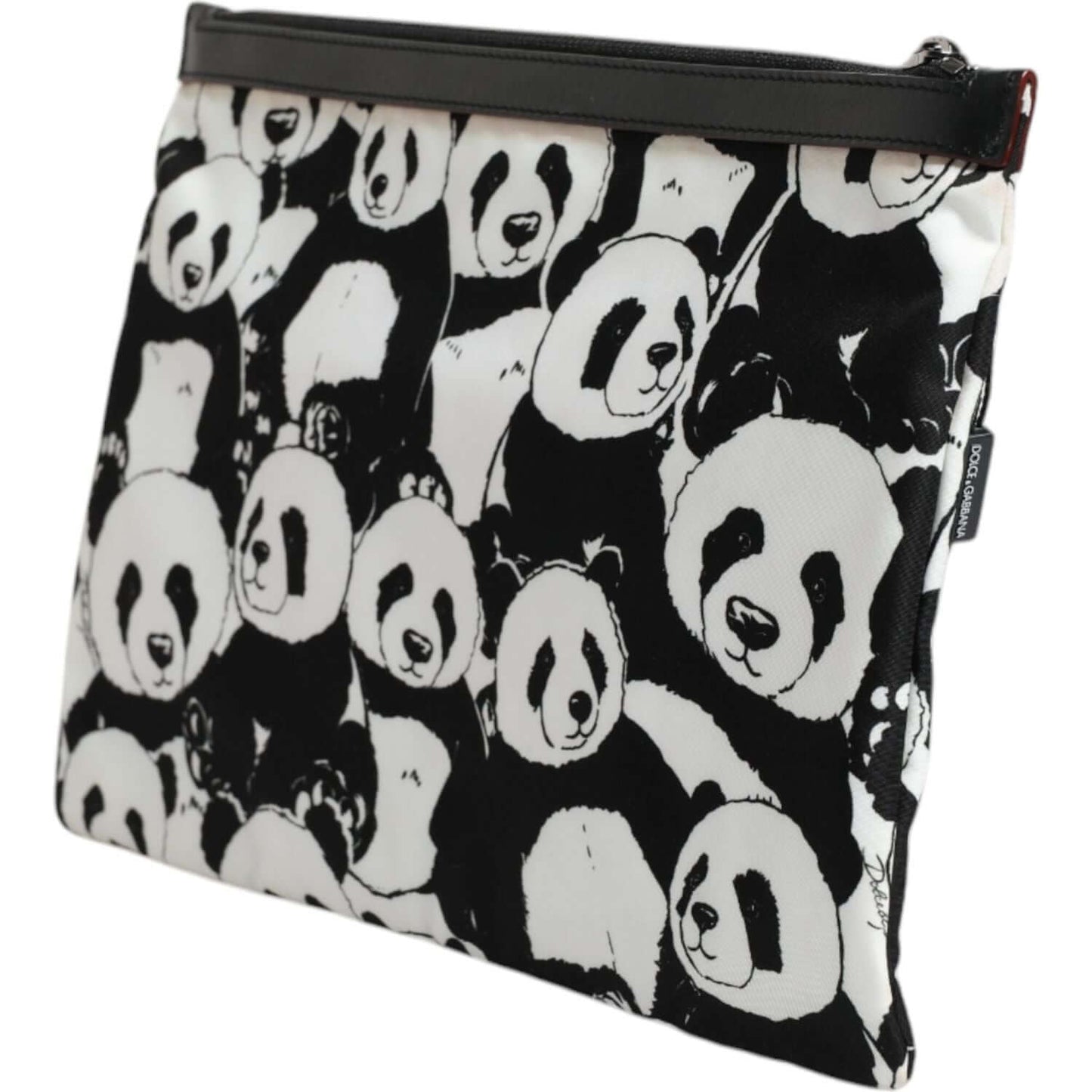 Dolce & Gabbana black and white panda pattern clutch pouch with zipper and gunmetal-tone hardware.