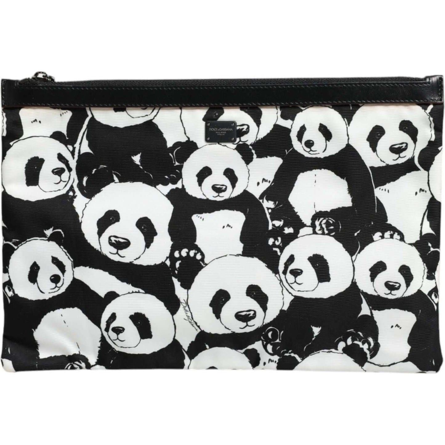 Dolce & Gabbana clutch bag with playful black and white panda pattern, gunmetal-tone hardware, and zipper closure. Fashion accessory.