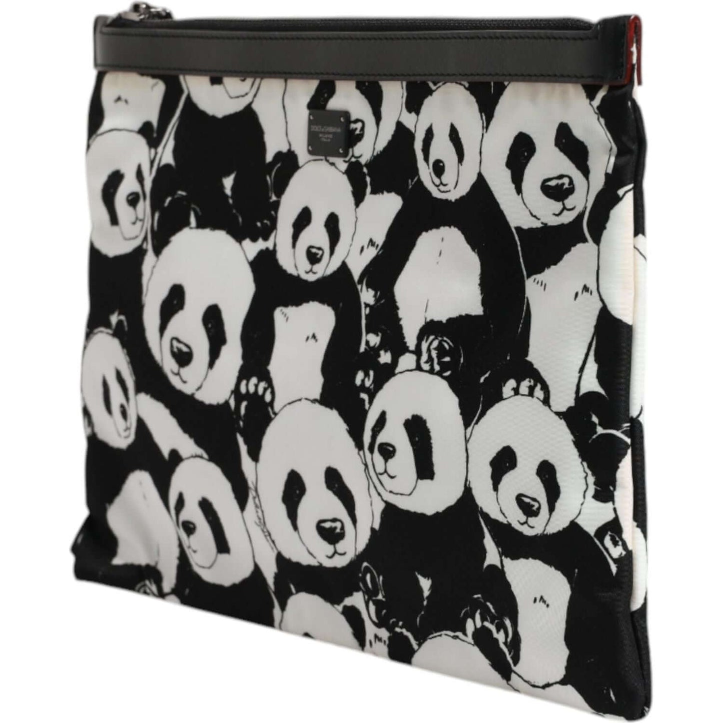 Dolce & Gabbana panda pattern clutch bag, black and white, with zipper closure and logo, showcasing playful panda print.