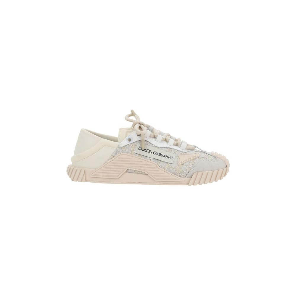 Dolce & Gabbana sneakers with textured rubber sole, lace fabric upper, logoed laces, and brand monogram on side, round toe design.