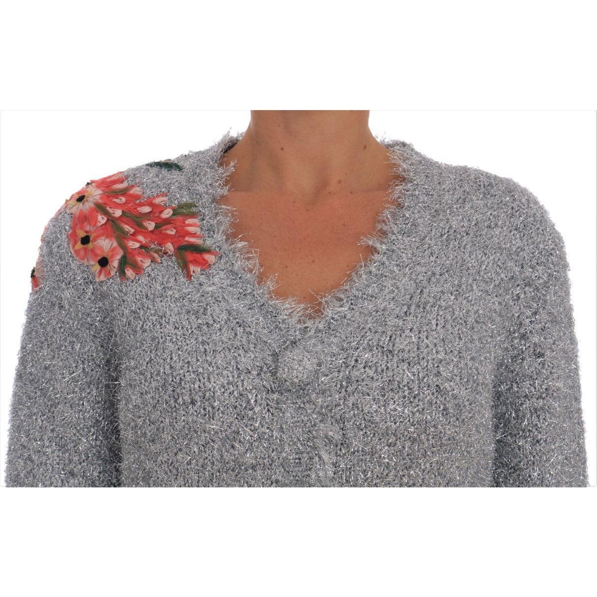 Dolce & Gabbana Silver Cardigan Floral Applique Sweater TSH1901-2