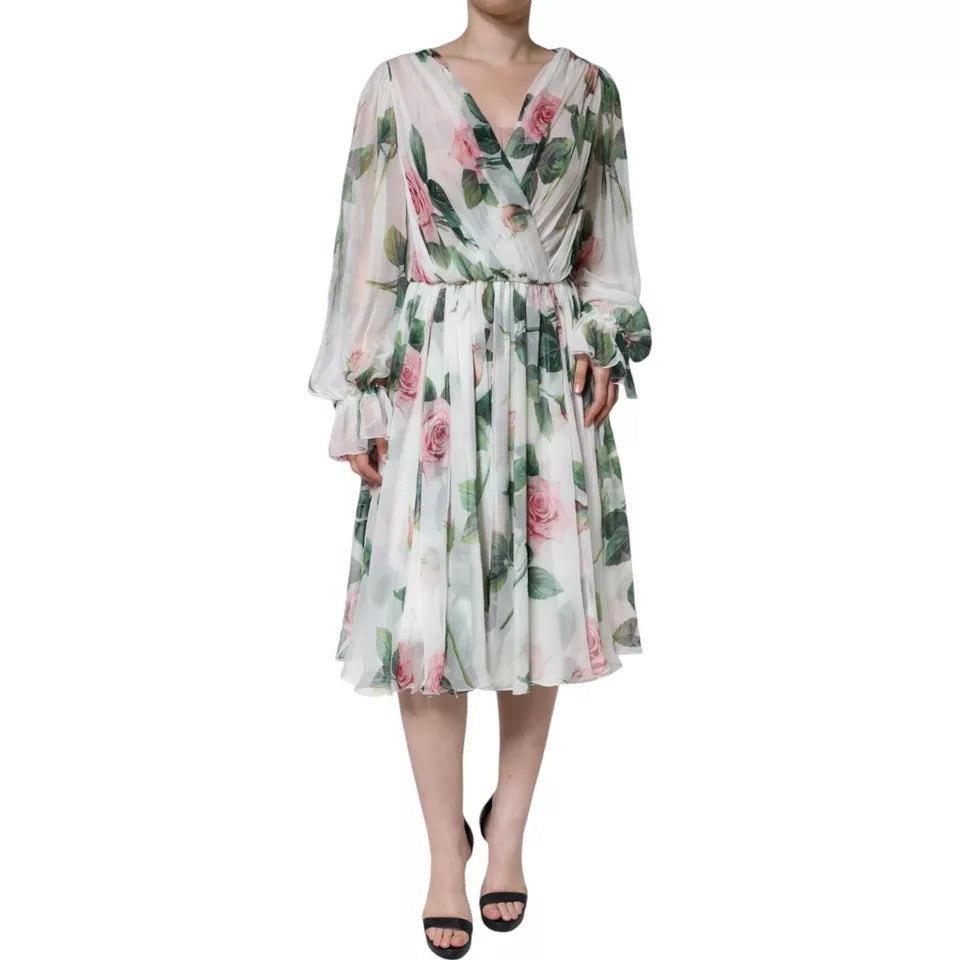 Dolce & Gabbana White Silk Floral Print A-line Midi Dress DR281288-38