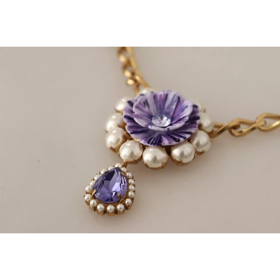 Dolce & Gabbana Gold Tone Floral Crystals Purple Embellished Necklace SMY100664