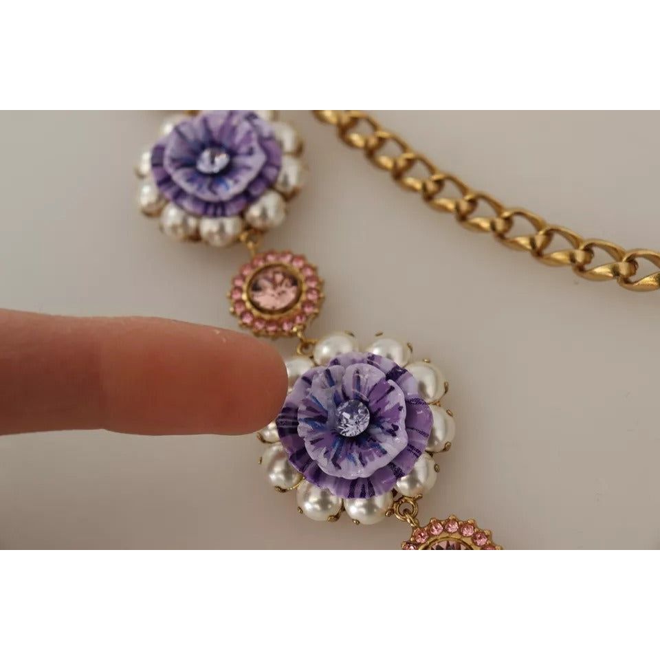 Dolce & Gabbana Gold Tone Floral Crystals Purple Embellished Necklace SMY100664