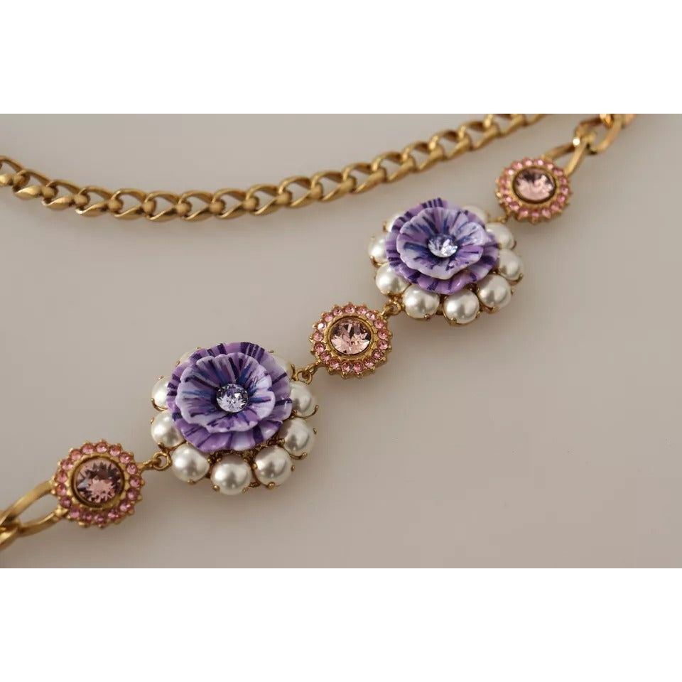 Dolce & Gabbana Gold Tone Floral Crystals Purple Embellished Necklace SMY100664