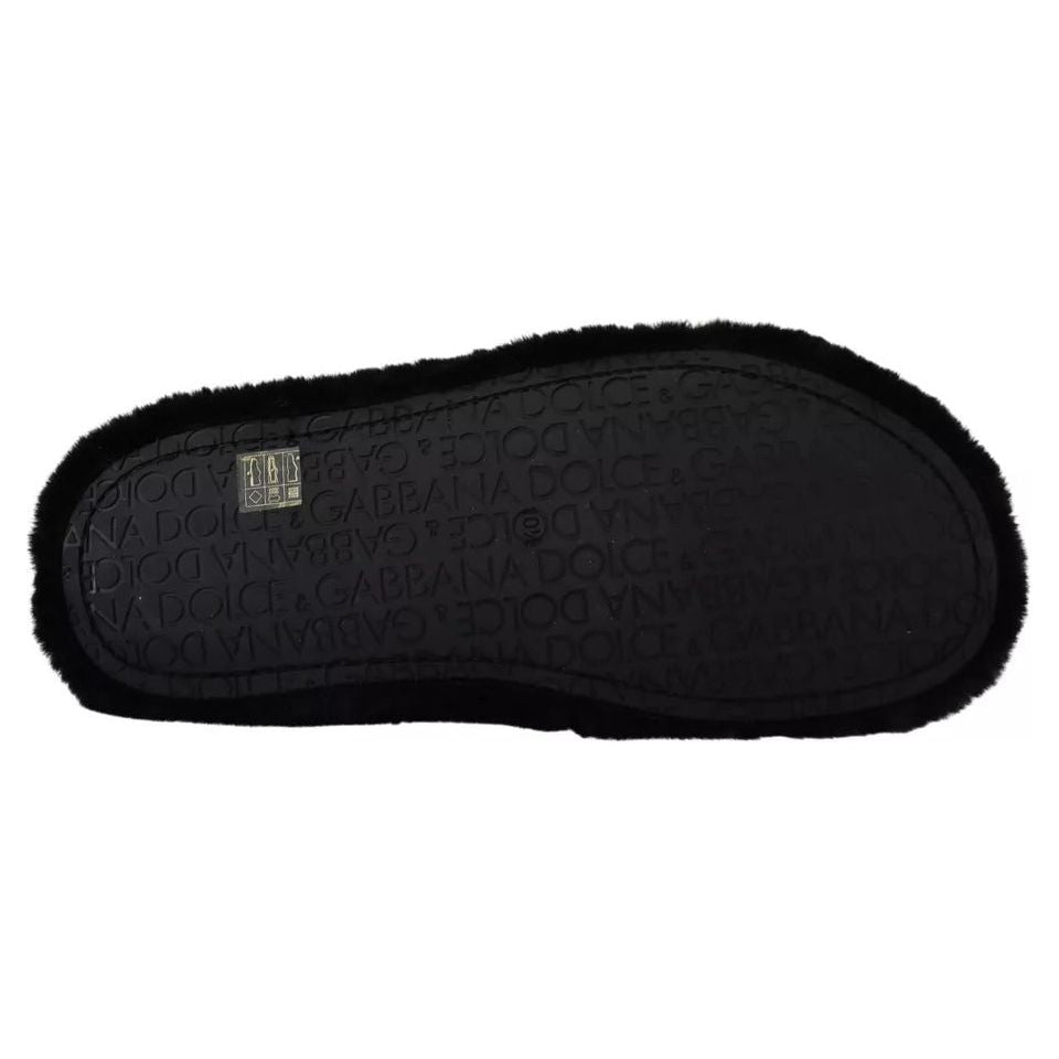 Dolce & Gabbana Black Polyester Faux Fur Mens Flats Sandals Shoes MV4804-44.5