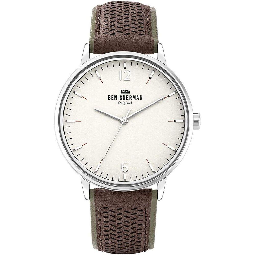 Ben Sherman brown leather watch with white dial and stainless steel case. Quartz analog display. Ideal for stylish, everyday wear.