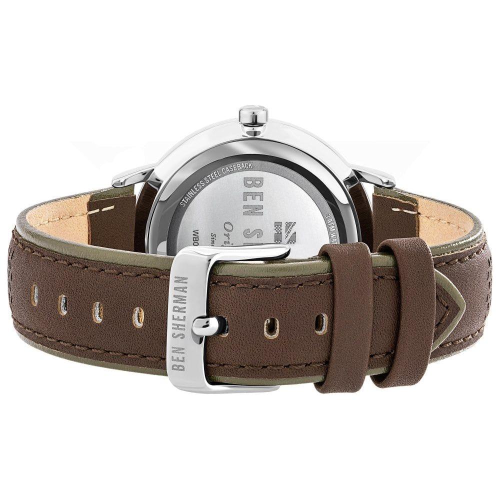 Back view of a Ben Sherman brown leather watch displaying its buckle closure and stainless steel case