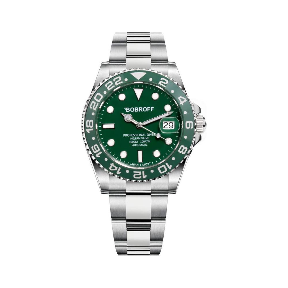 Bobroff silver stainless steel watch with green analog dial, automatic mechanism, sapphire glass, and deployante closure, 41mm, 100ATM water resistant.