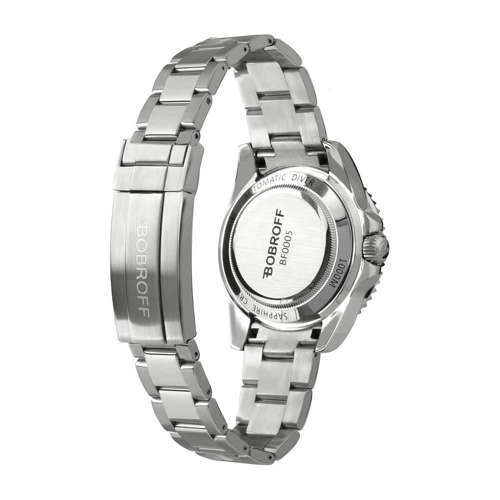Bobroff silver stainless steel watch with automatic mechanism, sapphire glass, and deployant closure, showcasing the green dial and 100ATM water resistance.