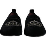 Dolce & Gabbana Black Velvet Crystal Crown Loafers Formal Dress Shoes MV6778#2-39