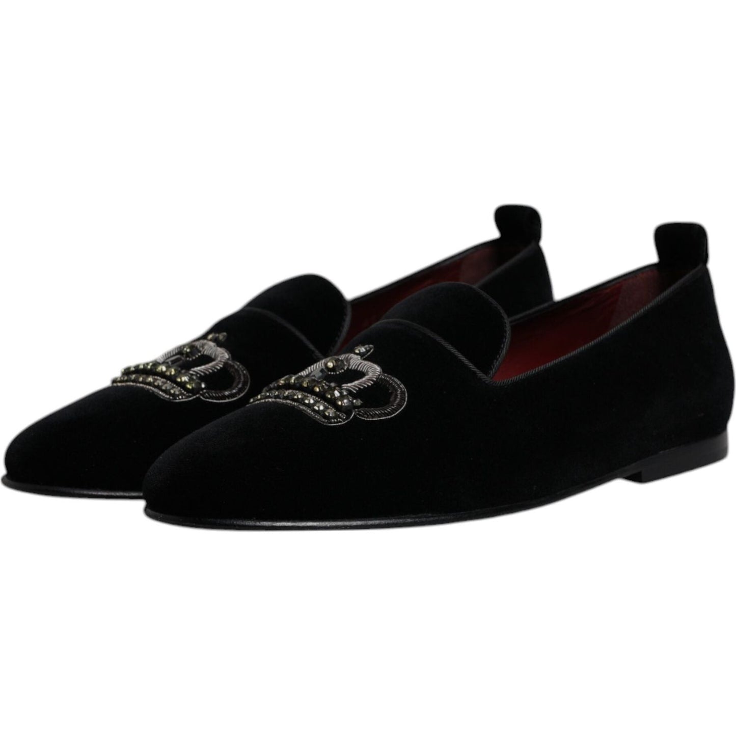 Dolce & Gabbana Black Velvet Crystal Crown Loafers Formal Dress Shoes MV6778#2-39