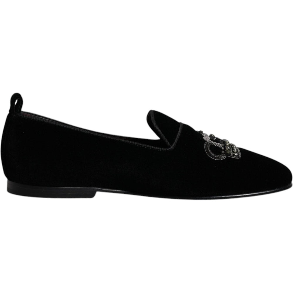 Dolce & Gabbana Black Velvet Crystal Crown Loafers Formal Dress Shoes MV6778#2-39