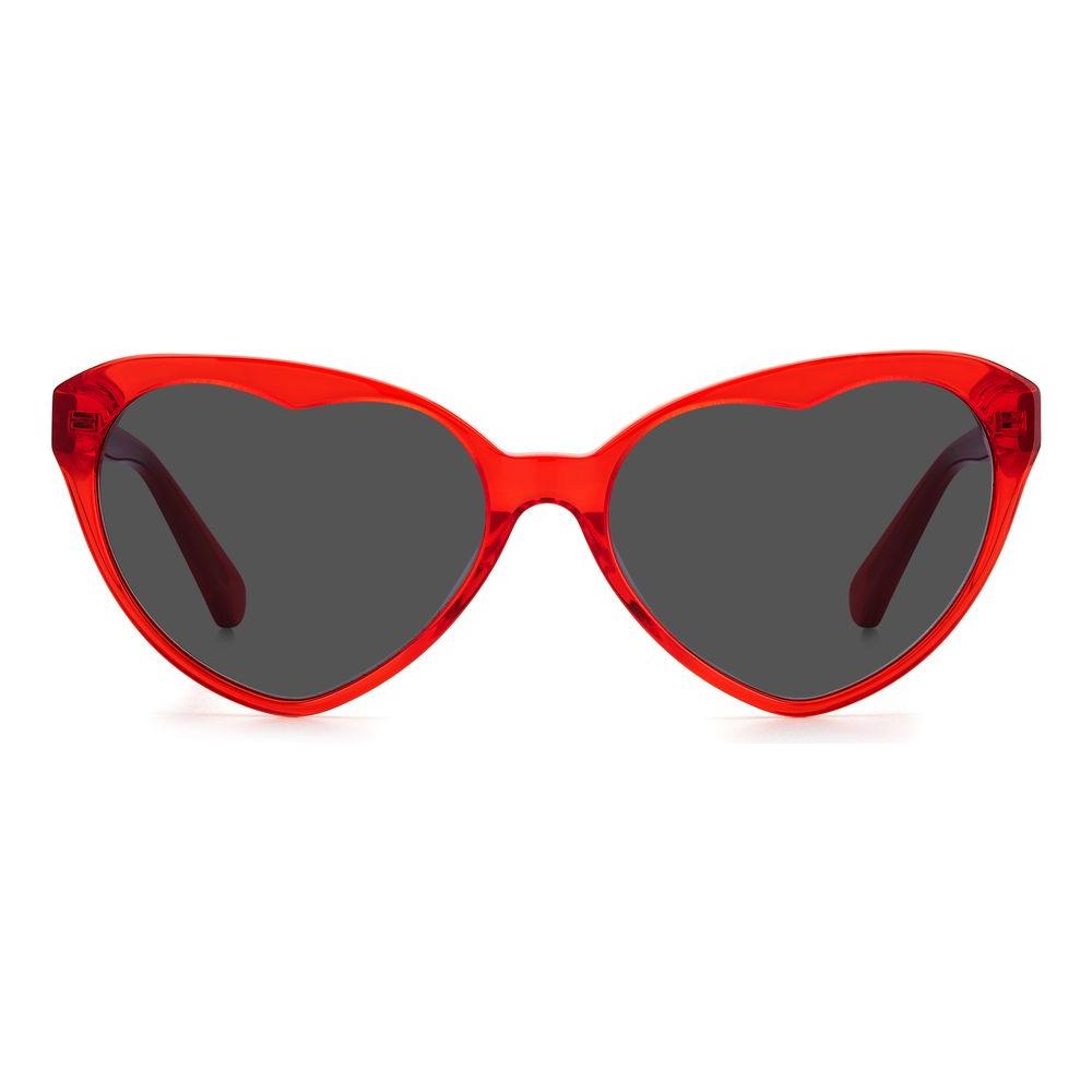 Kate Spade red acetate sunglasses with heart-shaped lenses, offering 100% UV protection, measures 57/17/140mm.