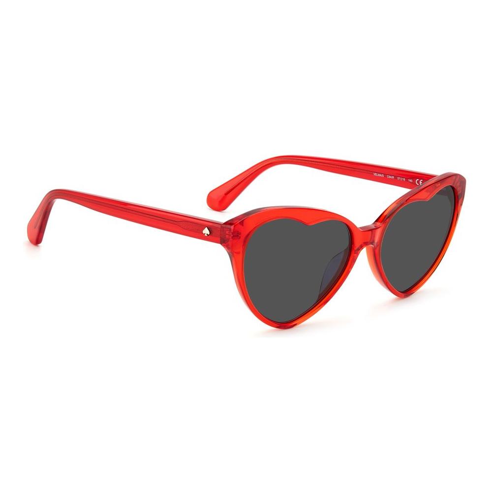 Kate Spade red acetate sunglasses for women, heart-shaped design with grey lenses, 57/17/140mm size, 100% UV protection.