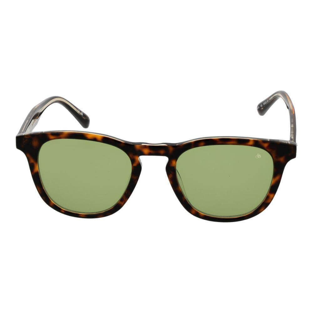 Brown metal frame round sunglasses with green plastic lenses, full-rim style, 100% UVA & UVB protection.