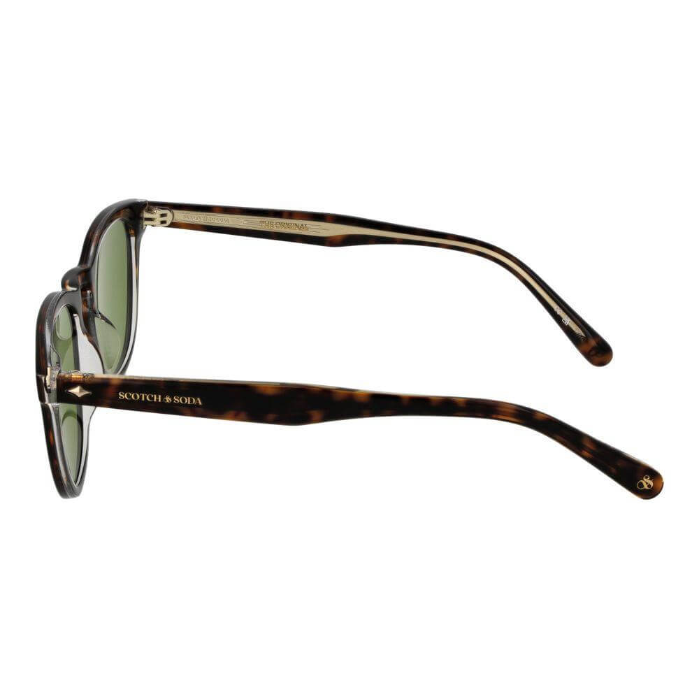 Scotch & Soda round brown metal frame sunglasses with green lenses, 100% UVA & UVB protection, includes branded case. Size 50-21-145.