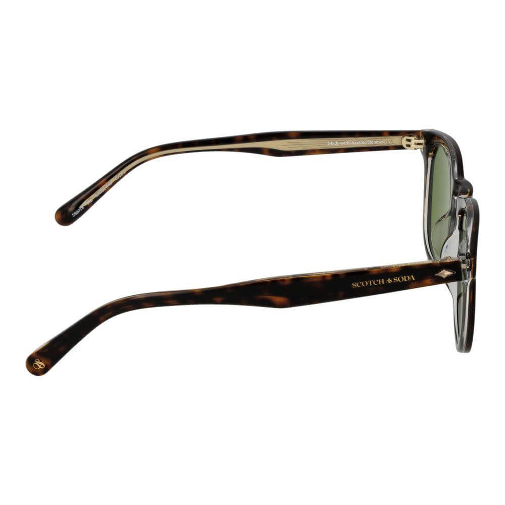Side view of Scotch & Soda brown metal sunglasses with green plastic lenses, round style, full-rim, 100% UVA & UVB protection, unisex design.