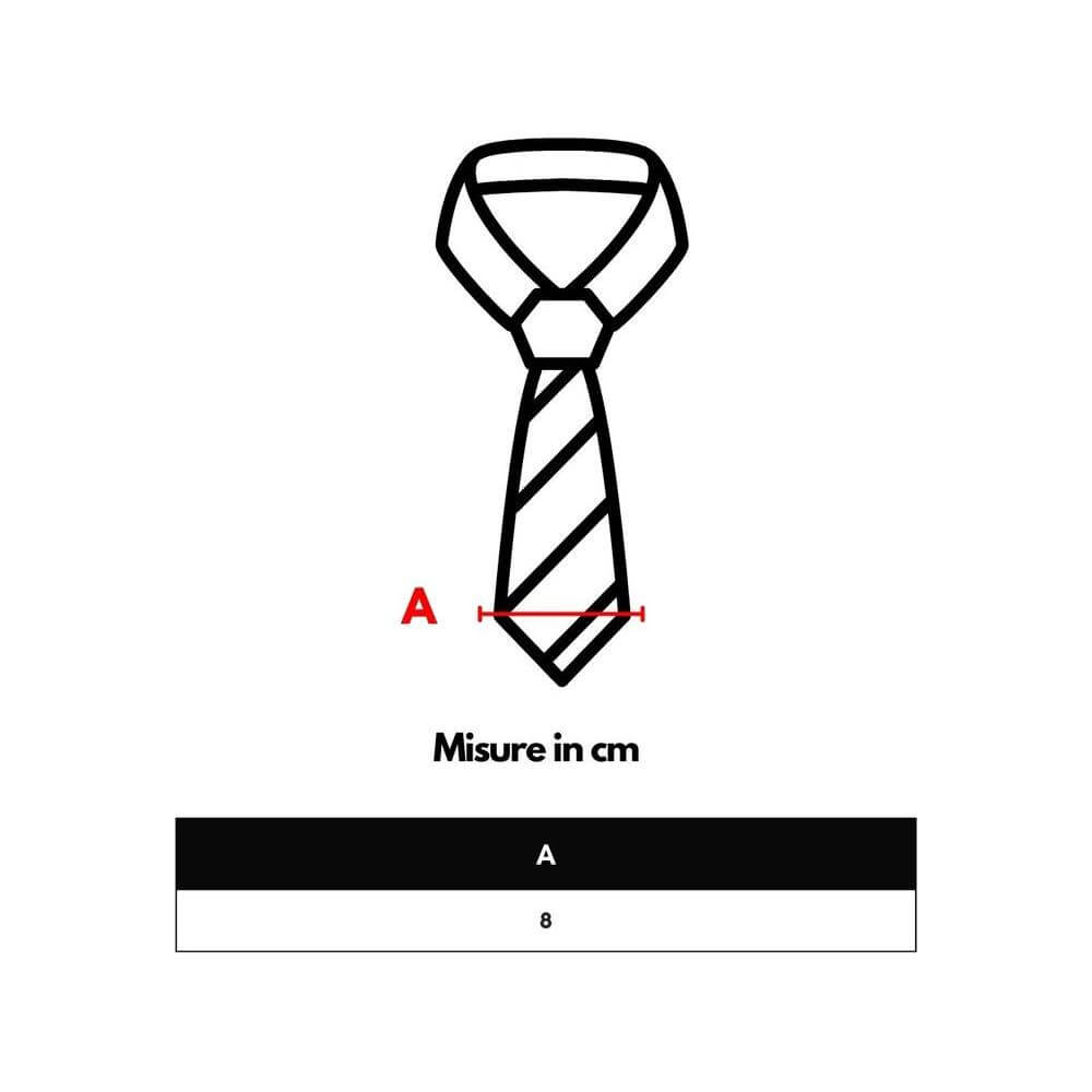 Diagram showing measurement of a tie width in centimeters, labeled 'A' with a width of 8 cm.