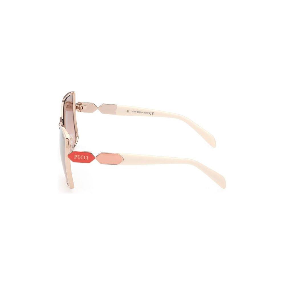 Emilio Pucci white metal sunglasses side view with brown mirror lenses and gold temples. Women's designer eyewear.