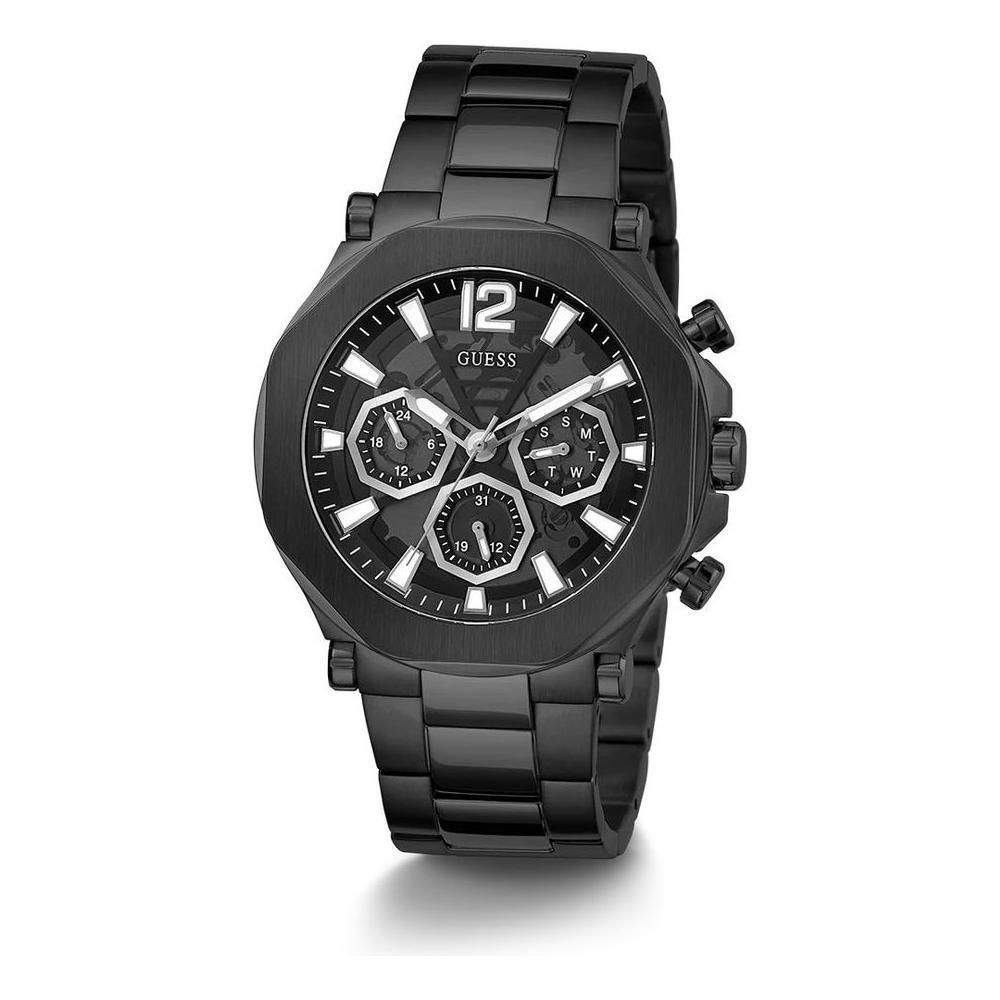 Alt Tag: Guess black stainless steel watch with quartz mechanism, analog display, dual-calendar function, and black mineral glass dial.