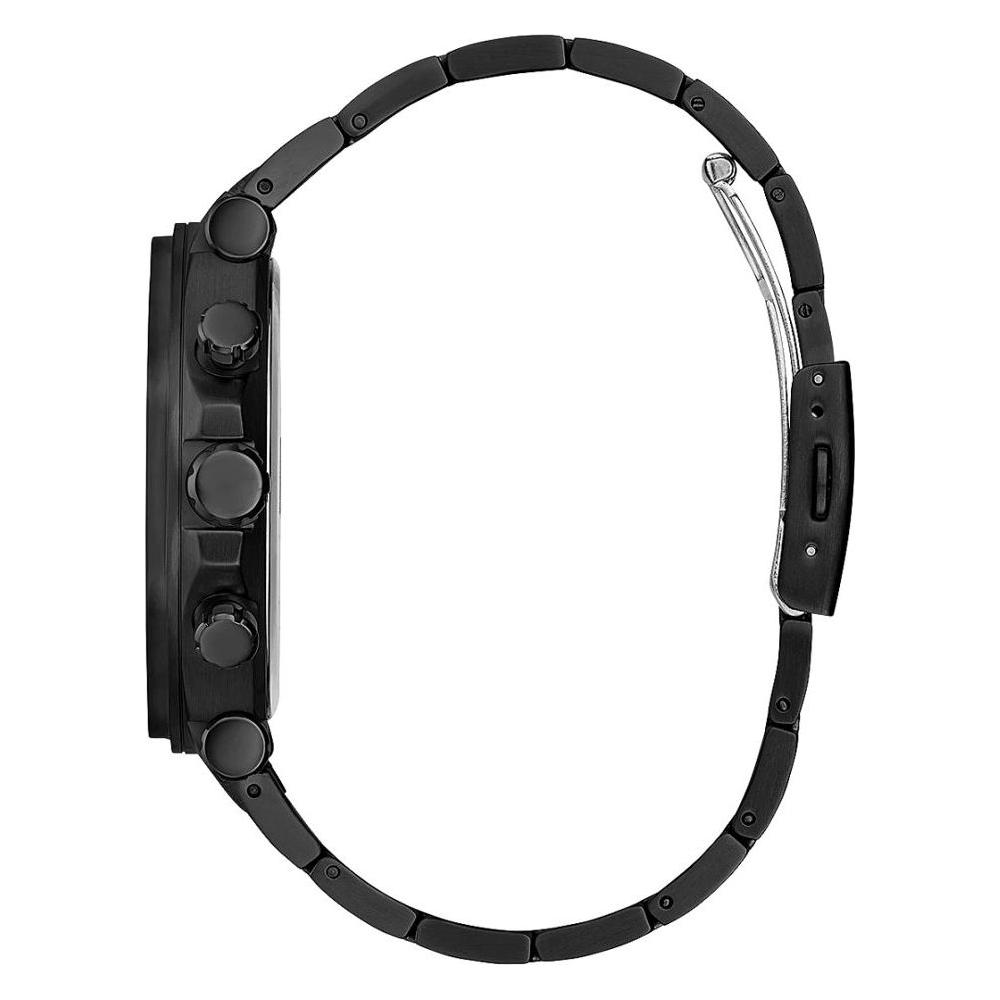 Side view of Guess black stainless steel watch with analog display and dual-calendar function.