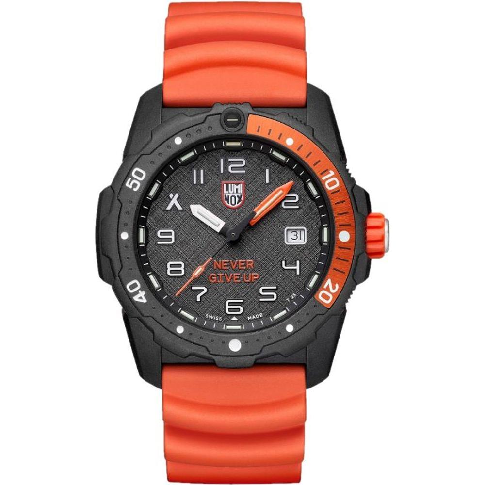 Luminox Orange Rubber Watch with black carbon case, analog quartz display, orange strap, Carbonox date function, 42mm dial, water resistant.