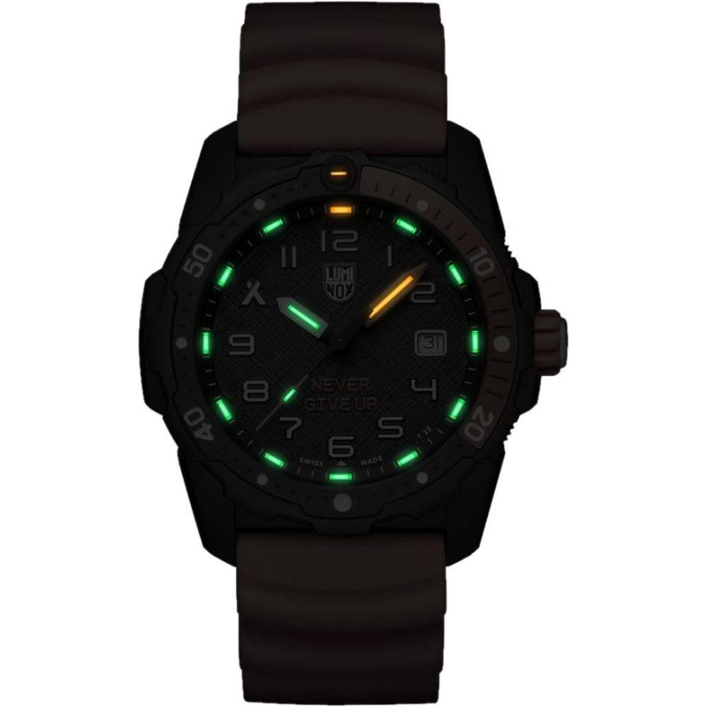 Luminox Orange Rubber Watch with black carbon case, black dial, mineral glass, orange rubber strap, quartz mechanism, 20ATM water resistance.
