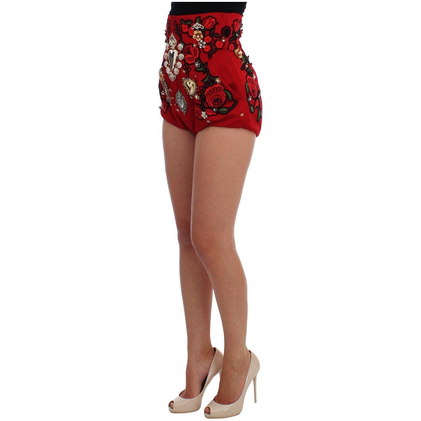 Dolce & Gabbana Red Silk Crystal Roses Shorts SIG20119-3